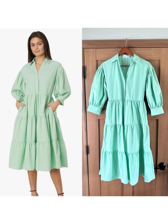 English Factory Dresses & Skirts - English Factory Balloon Sleeve A-line Tiered Midi Shirt Dress Mint Women’s Small